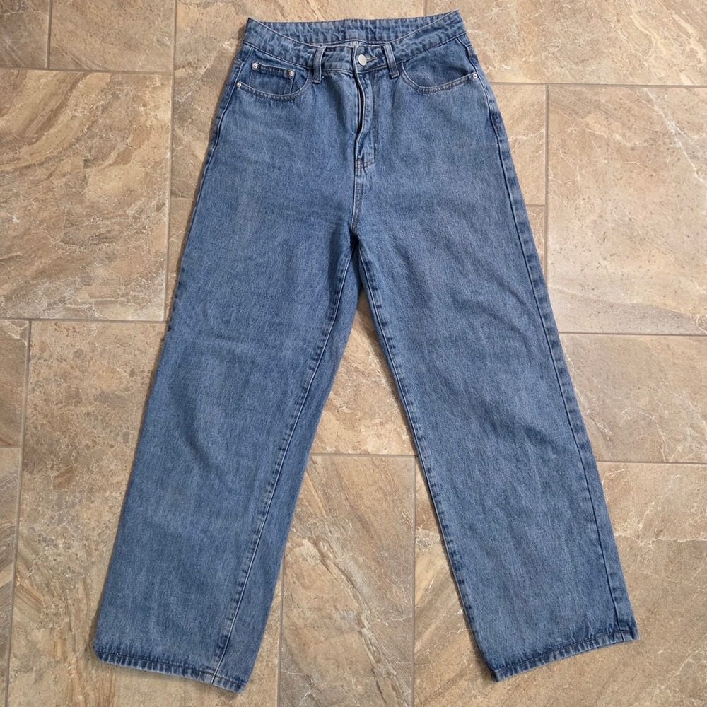 Dazy Women Medium Wash High Waisted Wide Leg Jeans Size Large Blue Denim